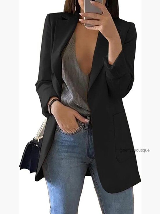 Jackets & Blazers - Women's Open Front Long Sleeve Lapel Collar Blazer Jacket